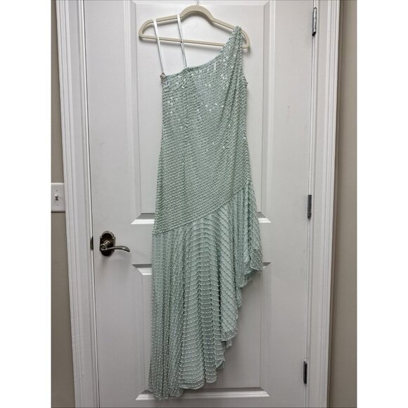 MAC DUGGAL Size 10 Green 93741 ONE SHOULDER Pearl Sequin Midi GOWN Formal Dress - Picture 4 of 11
